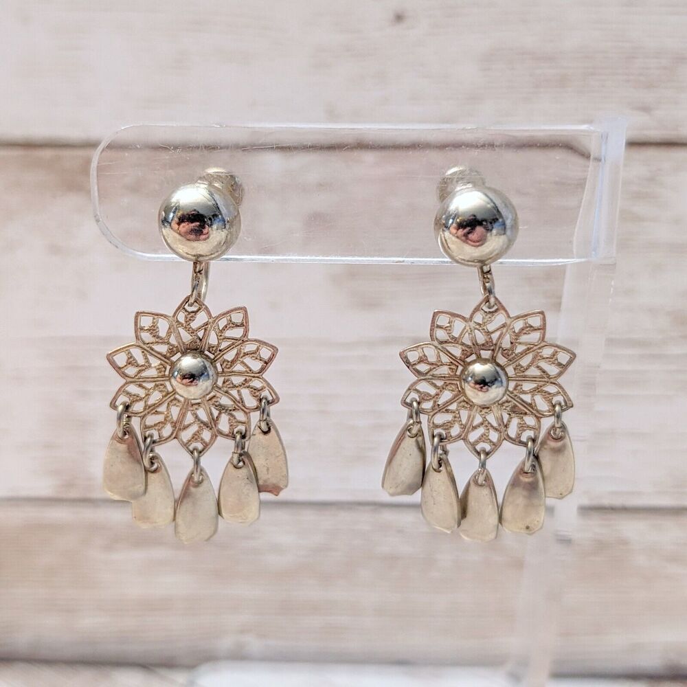 Vintage Screw On Earrings - Ornate Gold Tone Dangle